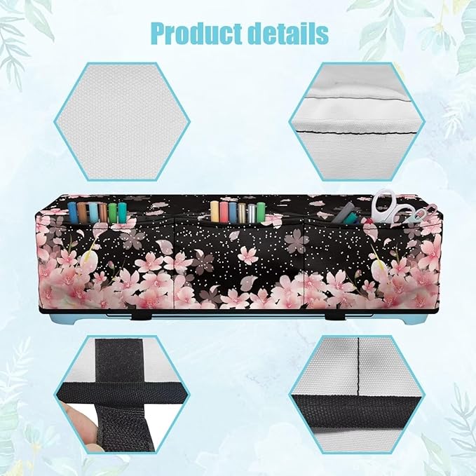 Binienty Cherry Blossom Dust Cover for Scrapbooking Die-Cut Machines Polyester Cutting Machine Maker Cover with 3 Pockets for Home Accessories Organizer
