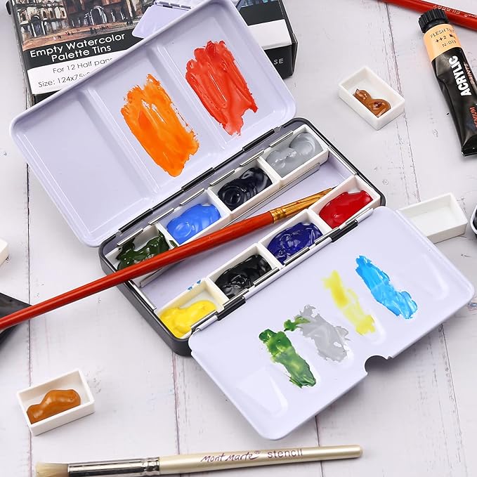 LOONENG Metal Watercolor Tin with Fold-Out Palette, Small Tray Palette with 8 Empty Full Pans for Plein Air, Acrylic and Oil Painting