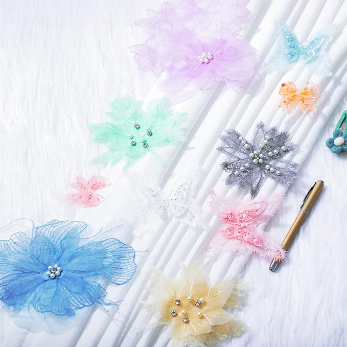 6 Pieces 3D Flower Lace Embroidery Butterflies Appliques Pearl Patches for Repairing and Decorating, Sewing Craft Clothing Jeans Jackets Bags (Light Blue)