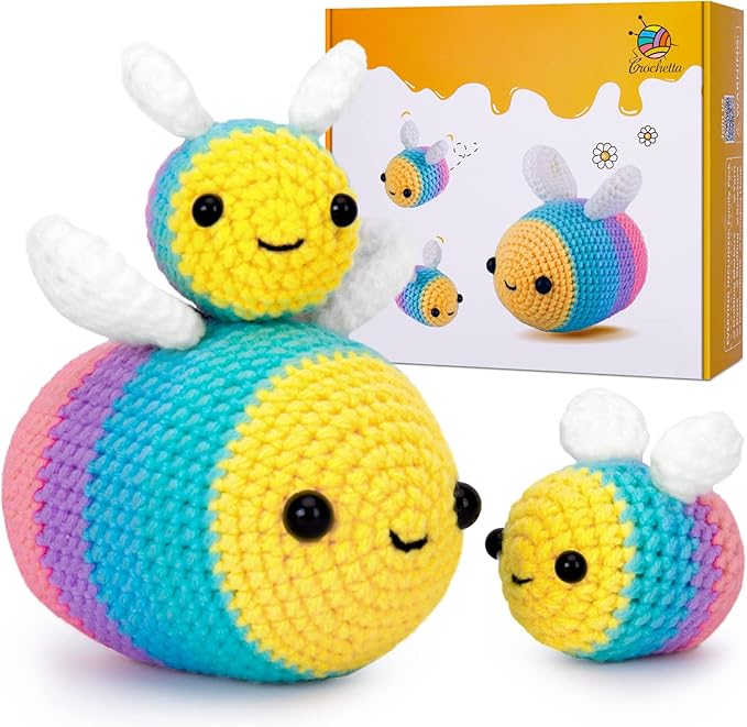 Crochetta Crochet Kit for Beginners, Beginner Crochet Starter Kit with Step-by-Step Video Tutorials, Beginner Crochet Kit for Adults, Knitting Kit for Beginners, 3 Bee Family(40%+ Yarn Content)