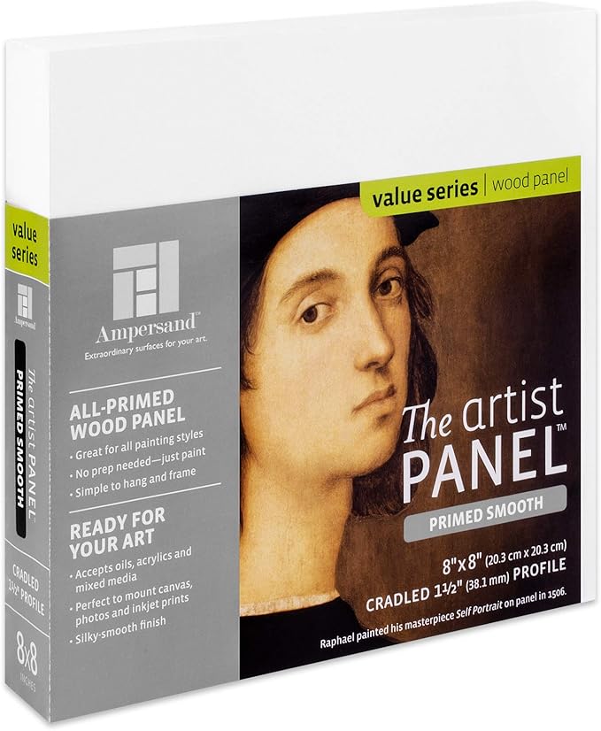 Ampersand Art Supply Wood Gesso Artist Painting Panel: Primed Smooth, 8" x 8", 1-1/2" Cradled Profile
