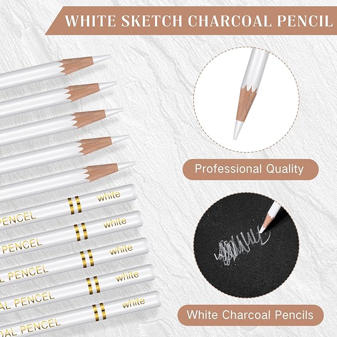 100 Pcs Charcoal Pencils Drawing Set, Charcoal Pencils bulk for Drawing Sketching Shading Blending Portrait Beginners and Artists(White,White Style)