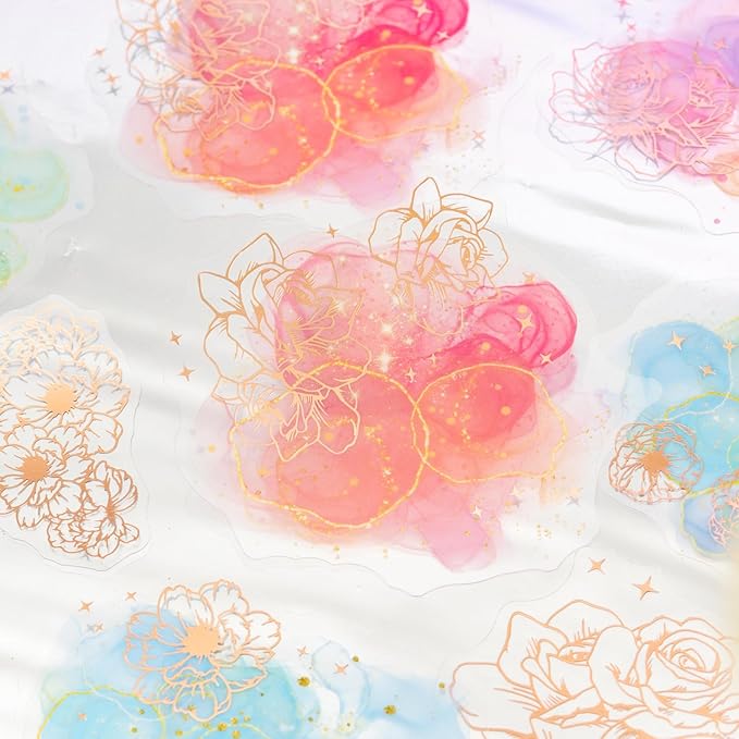 TIAMECH Starlight Flower Charm PET Stickers - 60 Pcs Orchid Peony & Sunshine Sweet Blossom Design, Waterproof Sticker for Journaling & Scrapbooking, Junk Journal Supplies, Ephemera & DIY Crafts