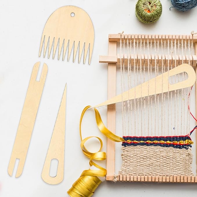 7 Pcs Wood Hand Loom Stick Set, Weaving Tools with 5 Wooden Weaving Crochet Needles, 1 Wooden Shuttle and Wood Weavings Comb for Knitted DIY Crafts Supplies