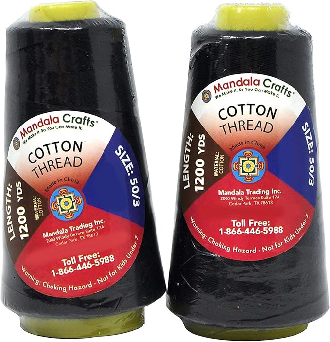 Mandala Crafts Black Thread Cones for Machine and Hand Quilting - 2400 Yds 50 WT Multiple Purpose Mercerized 100% Cotton Threads for Sewing Machine Serger Embroidery