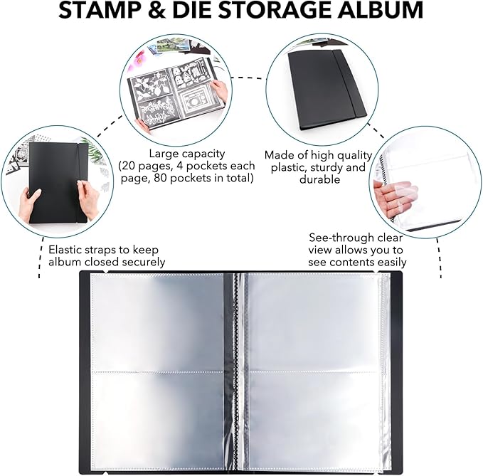10 Pcs 0.3mm Magnet Sheets and 80 pockets/20 pages Storage Album for Stamp and Cutting Dies Storage Book Organizer Folder for Storage Die Cutting, DIY Scrapbooking Card Making Supplies (Black)