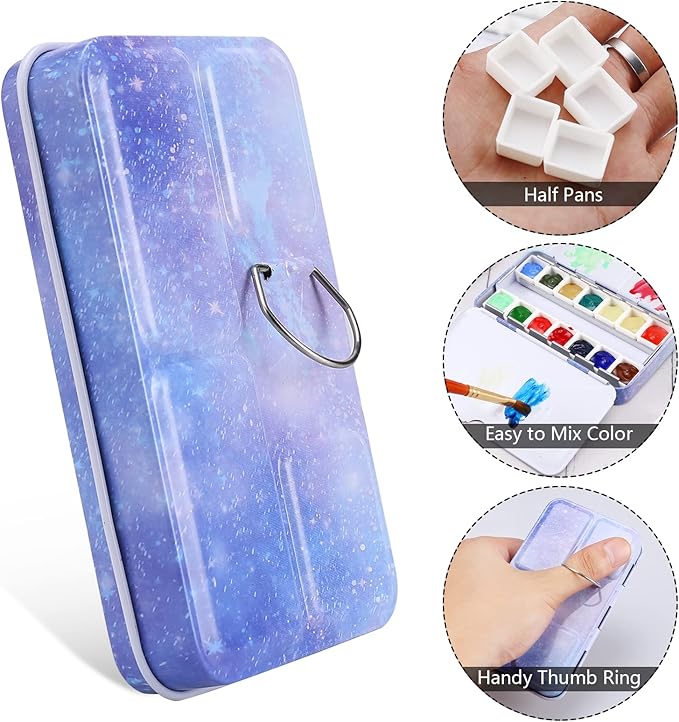 LOONENG Empty Watercolor Palette, Empty Watercolor Tin with Fold Out Palette, Small Purple Watercolor Tray Palette with 14 Empty Half Pans for Plein Air Painting and Sketching