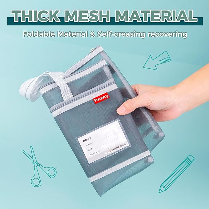 Pendancy Mesh Zipper Pouch A3 Size, Large Double Pocket Lightweight Nylon Transparent File Bag with Handle, 13x17 in Foldable Document Storage for Puzzle Project/Cross Stitch/Travel/Office (Gray)