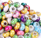 100 Pieces 14mm European Large Hole Spacer Beads Mix Color with Silver Brass Cores Assortments Charm Lampwork Beads Supplies for Necklace Bracelets Jewelry Making (Ceramic Effect)