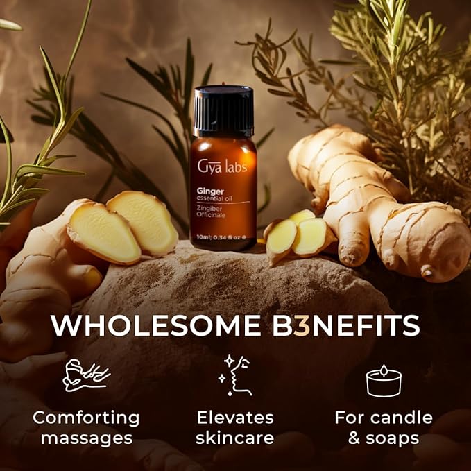 Gya Labs Ginger Essential Oil - 0.34 Fl Oz - for Hair, Skin, Diffuser, Aromatherapy & DIY Candle Making Scent