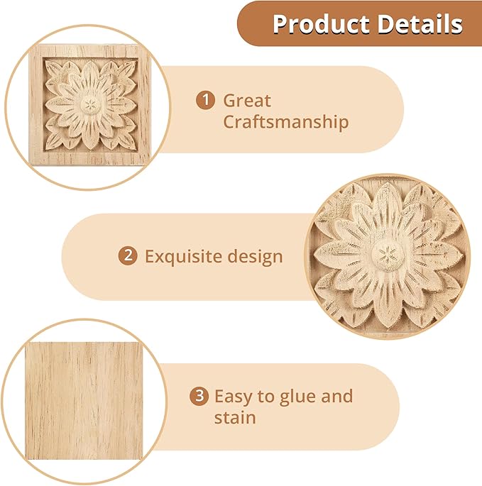 4Pcs Unpainted Solid Wood Floral Appliques, 2.4x2.4 Inch Cabinet Onlays, Handmade Carved Wood Decor for Furniture, Doors, DIY Home Decor Projects (Square, Unfinished)