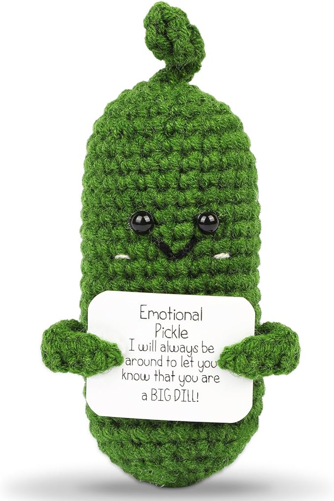 Hoedia Handmade Emotional Pickle Gift, Cucumber Crochet Doll Inspirational Gifts with Cards, Cute Knitted Funny Support Potato Friend Birthday Mothers Day Easter Basket Stuffers (Emotional Pickle)