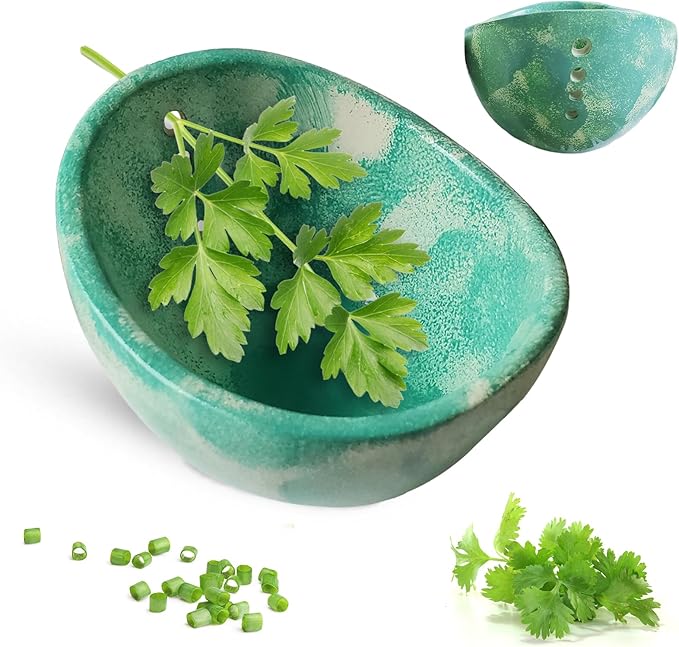 Pottery Herb Stripper Bowl – 4-Slot Herb Stripper with Multiple Hole Sizes, Ergonomic Design, Separating Leaves and Stems for Thyme, Basil, Rosemary, and More (green)