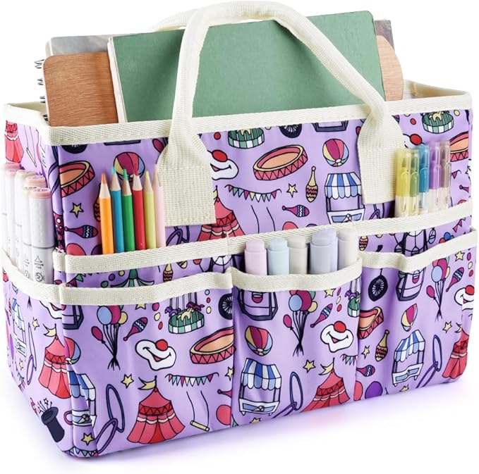 E-WEICHEN Craft Organizer Tote Bag Art Storage Caddy with Multiple Pockets Containers for Art,Craft,and Office Supplies Storage.Purple Circus