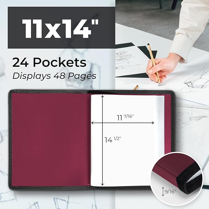 Dunwell 11x14 Art Portfolio Binder with Mounting Paper (Ruby), Large Portfolio Folder for Artwork Storage, 24 Sleeves Displays 48 Pages, Acid-Free Poly 11 x 14 Presentation Book