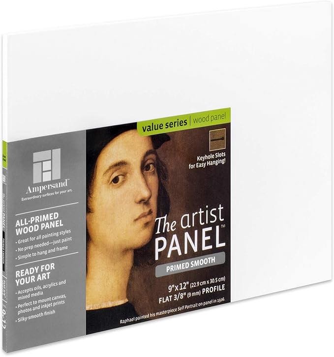 Ampersand Art Supply Wood Gesso Artist Painting Panel: Primed Smooth, 9" x 12", 3/8" Flat Profile