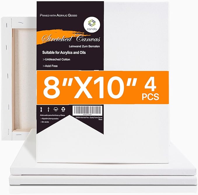 CONDA Stretched Canvas for Painting, 8x10 Inch 4 Packs of Canvases for Artist Art Supplies, 100% Cotton Primed Canvas, Profile Value Bulk Pack for Acrylics, Oils Painting