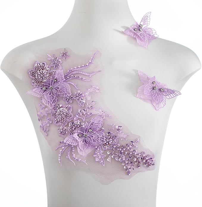 Flower Pearl Fabric Rhinestones Beaded Lace Applique,3D Butterfly Embroidered Lace Patch for Clothes,Dress (Purple)