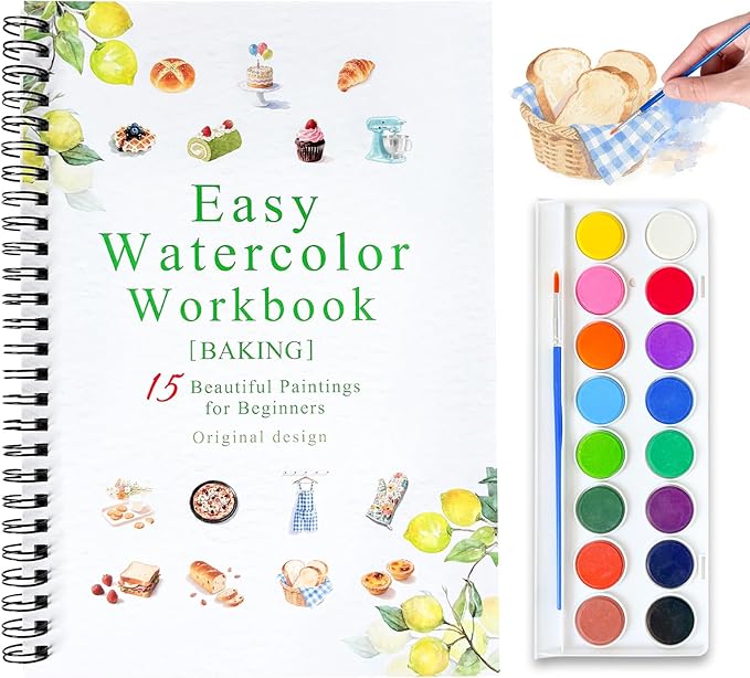 Watercolor Workbooks, 16 Colors Water Color Books Paint Set for Adults, Watercolor Coloring Book for Beginners, Water Color Workbook, 15 Beautiful Paintings for Beginners (Baking)