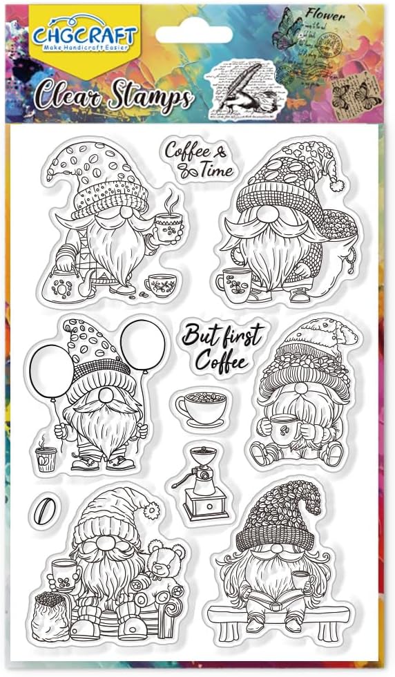 CHGCRAFT Gnome Coffee Clear Stamps Balloon Transparent Handicraft Stamps for DIY Scrapbooking Photo Album Decorative Cards Making, 6.3x4.3inch