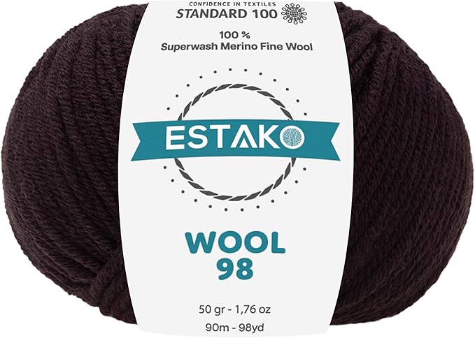 Estako Wool 98 100% Superwash Merino Wool Medium Worsted Weight Soft Knitting and Crochet Yarn 1.76 oz (50gr) 98 yds (90 m) (6359 - Black)