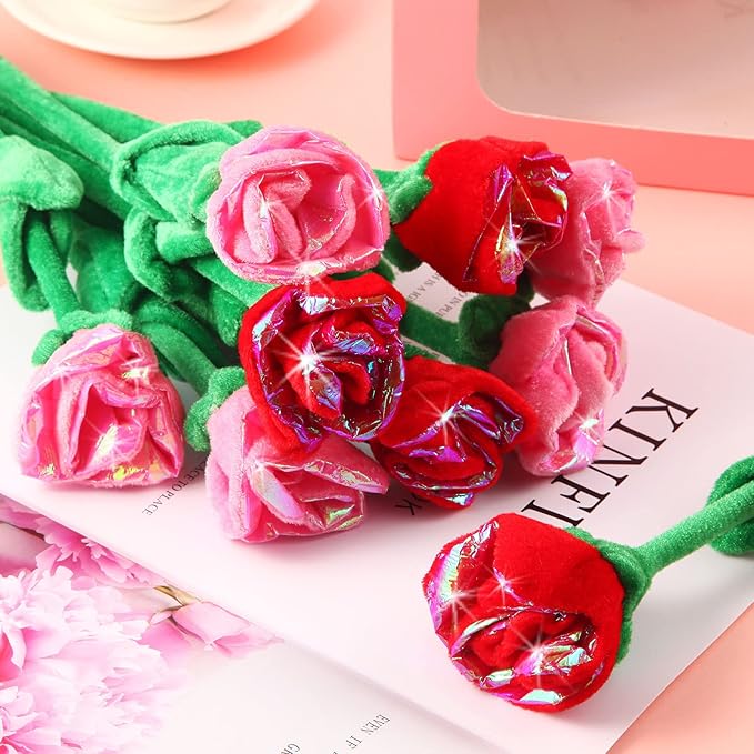 10 Pcs Plush Rose Flower Stuffed Flower Bendable Stems Plush Bouquet Toy Soft 12.6 Inch for Christmas Classroom 2025 Mother's Day Valentines Day Girl Girlfriend Wife(10 Pcs Glitter Red Pink Series)