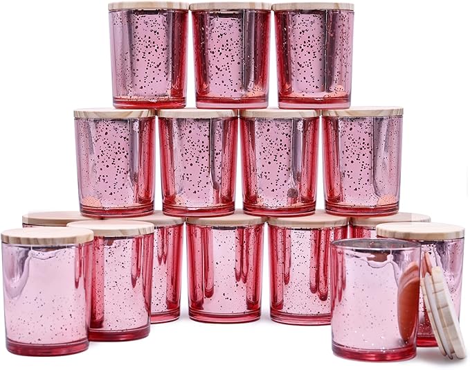 Thick Candle Jars for Making Candles 16 Pcs, 7 OZ Empty Jars with Wood Lids for Candle Making, Sample Container, Rose Pink