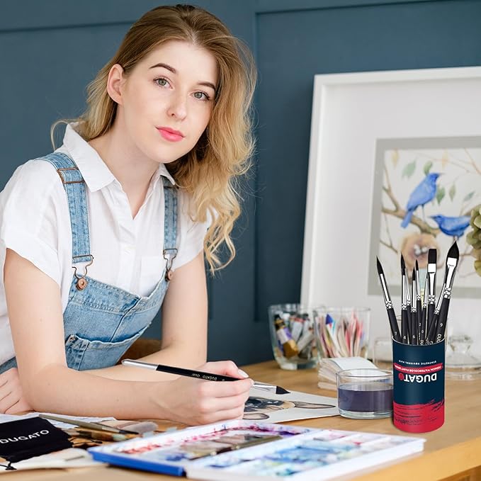 Watercolor Brushes Professional, DUGATO 12pc Artist Paint Brush Set - Synthetic Bristles (Round, Flat, Liner, Oval) for Watercolor Gouache Inks Painting