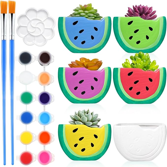 Pasimy 6 Set DIY Ceramic Succulent Planter Pots Paint Your Own Flower Pots Craft Kit Unpainted Bisque Paintable Flowerpot with Brush Palette Ready to Paint for Family Activity Gift(Watermelon)
