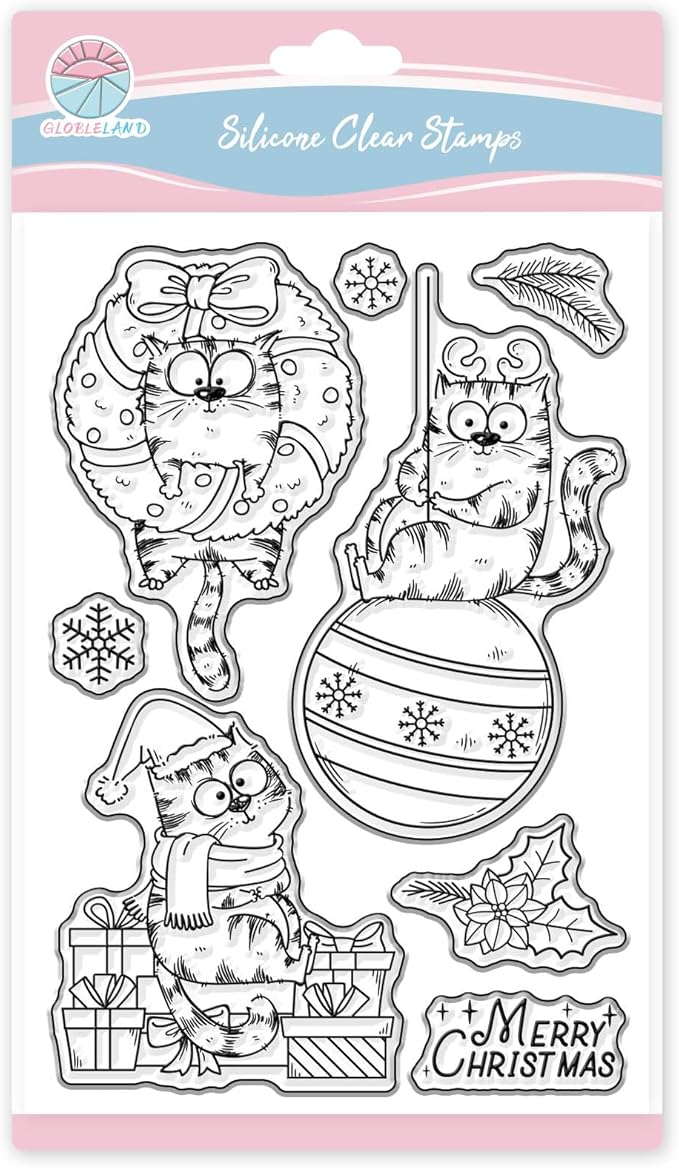 GLOBLELAND Christmas Comic Cat Clear Stamp for Card Making Cartoon Cats Silicone Stamps Merry Christmas Snowflakes Transparent Stamp for DIY Scrapbooking Embossing Journaling