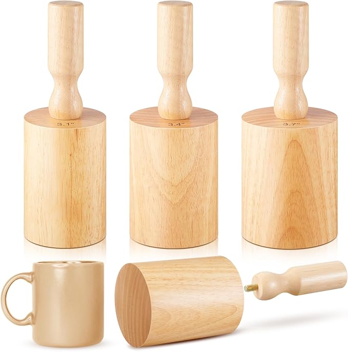 Juexica 3 Pcs Pottery Clay Molds 3 Size 3.1'', 3.4'', 3.7'' Plaster Mug Vase Tools with Removable Handle, Pottery Cup Shaping Tool Wood Slump Press Mold for DIY Ceramic Cup Mug Vase Making