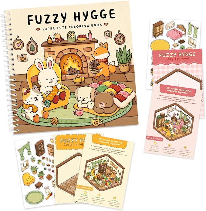 Fuzzy Hygge Coloring Book with 2 Sets of Miniature Sticker Scenes for Adults & Teens (Fuzzy Hygge)