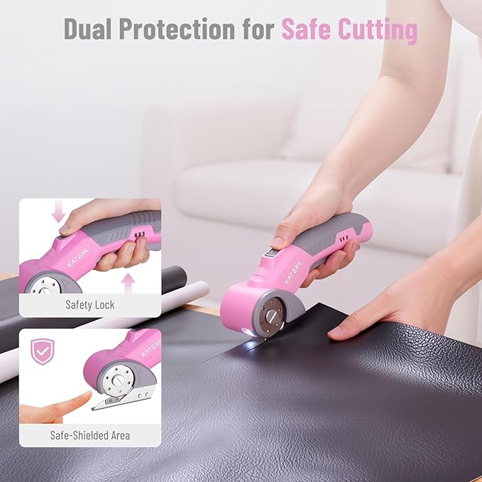 Katerk Cordless Electric Scissors with Safety Lock & LED Light, Pocket-sized Box Carpet Cardboard Cutters Tool, Ambidextrous Use, Rotary Cutter for Fabric, Leather, Plastic, Crafting, Industrial