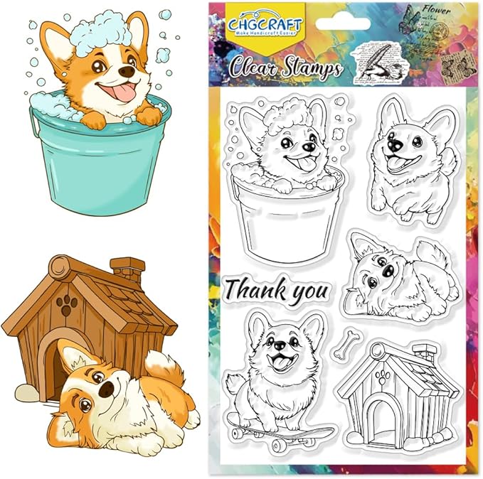 CHGCRAFT Cute Corgi Pets Clear Stamp Dogs House Playing Transparent Handicraft Stamps for DIY Scrapbooking Photo Album Decorative Cards Making, 6.3x4.3inch