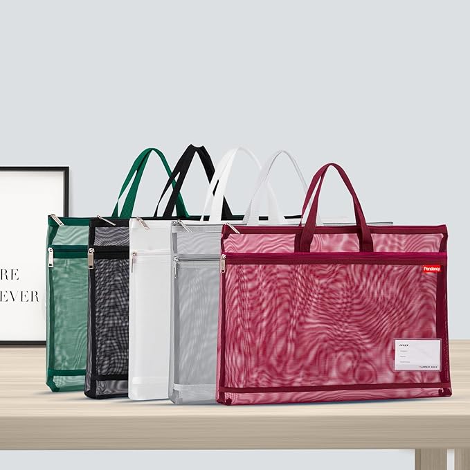 Pendancy Mesh Zipper Pouch A3 Size, Large Double Pocket Lightweight Nylon Transparent File Bag with Handle, 13x17 in Foldable Document Storage for Puzzle Project/Cross Stitch/Travel/Office (Red)