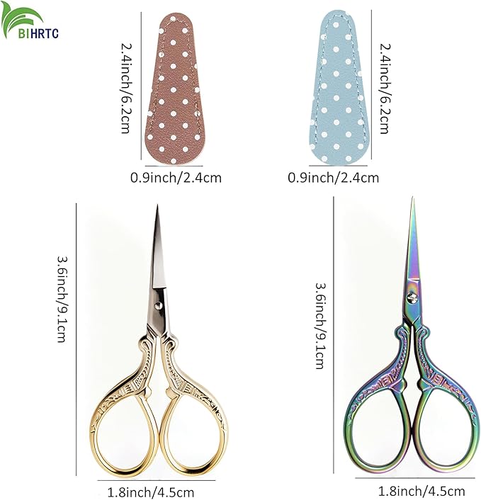 BIHRTC 2 Pairs 3.6 Inch Sewing Scissors with Leather Cover - Stainless Steel Sharp Tip Needlepoint Scissors for Sewing, Crafting, Art Work & Threading