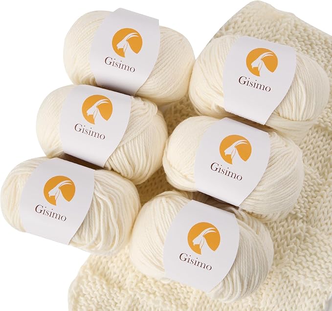 6 Balls Merino Wool Yarn, 12-Ply Luxurious and Soft Yarn for Hand Knitting & Crocheting, 1.76 OZ/50g, 120 yds/110 Meters(White,6Balls)