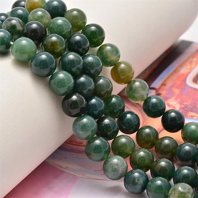 NCB 100pcs Original Natural Stone Beads Gemstone Round Loose Beads 6mm 8mm 10mm (Green Moss Agate, 6mm 100Beads)