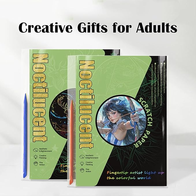 Georgie Porgy Scratch Paper Art Set for Kids Adults Magic Rainbow Scratchboards for DIY Arts and Crafts Kits Christmas Birthday Gift with Scratching Tools Kit (A4-Noctilucent Beast + Constellation)