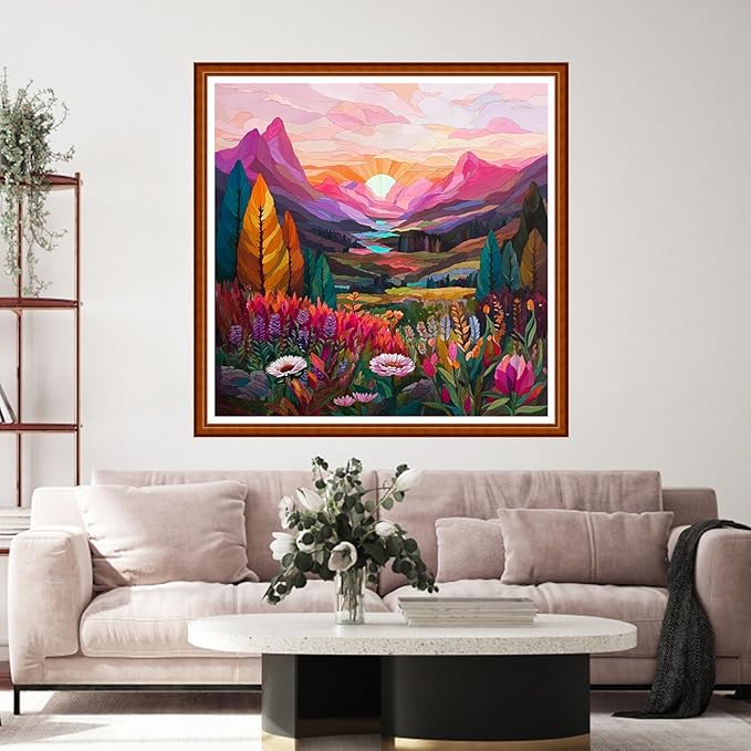 Funart Stamped Cross Stitch Kits for Beginners Full Range of Cross Stitching Preprinted Embroidery Kits for Adults, 11CT Embroidery Pattern Needlepoint Kits-Flower Sunrise Scenery 18x18 inch