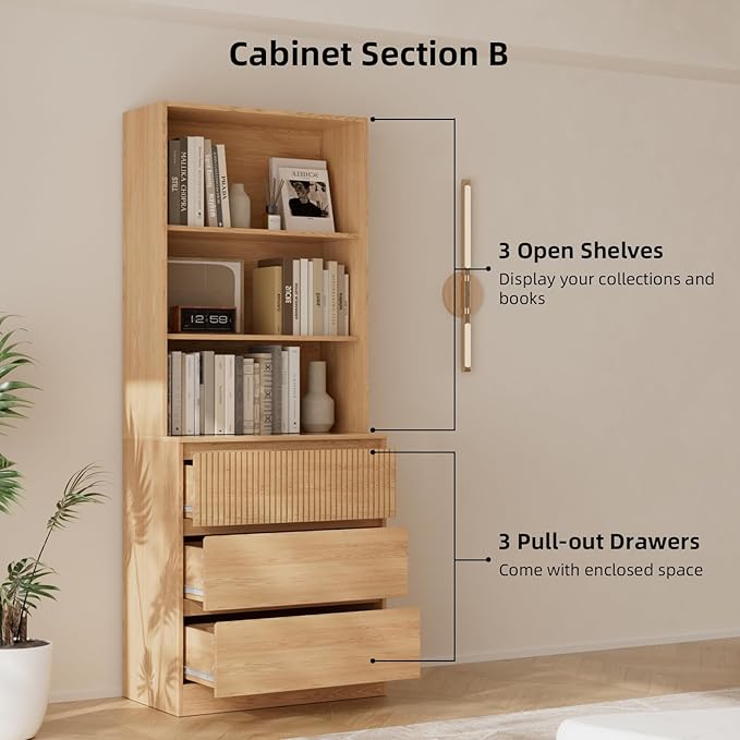 TUSY 71'' Freestanding Tall Storage Cabinet, 5 Tier Wood Bookcase with 3 Drawers and 2 Tempered Glass Doors (AB)