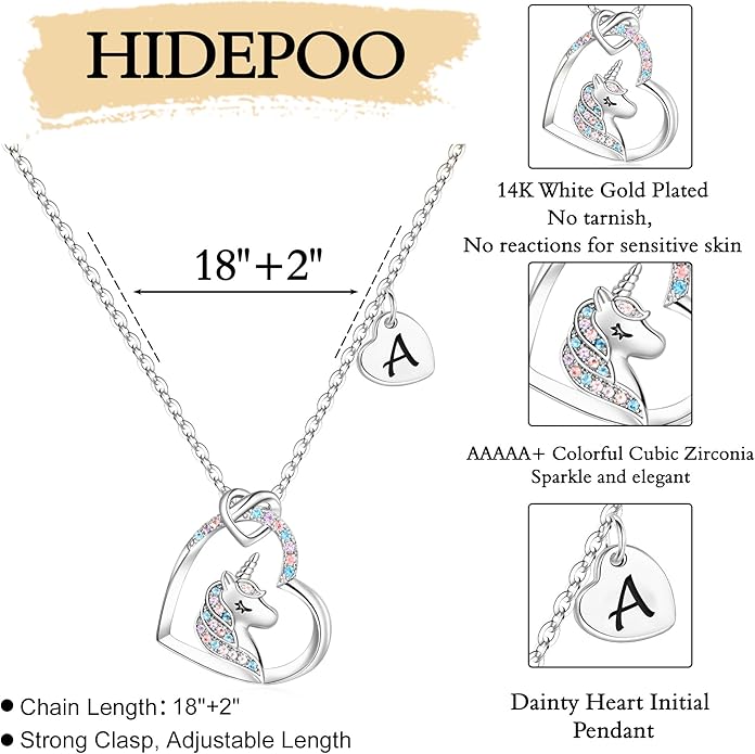 Hidepoo Stocking Stuffers for Teen Girls Kids - Colorful CZ Heart Pendant Initial Unicorn Necklaces for Girl Jewelry Birthday Gift Christmas Gifts for Grandkids Girls Kid