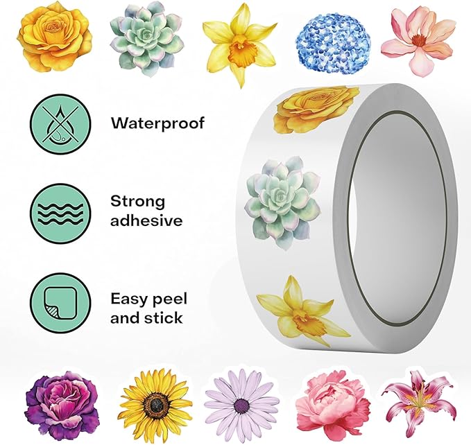 500PCS Flower Stickers 10 Styles Sticker Rolls Cartoon Flowers Stickers Flower Party Favors Waterproof Vinyl Stickers(500 Per Roll)