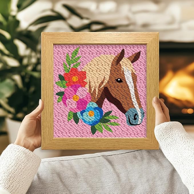 ACRNIGHEET 2Pcs Horse Punch Needle Kits for Adults Beginners, Include Instructions, Punch Needle Embroidery Kit, Pre-Printed Horse and Flower Pattern, Frame, Yarns, Sewing Needles, Exquisite Gifts