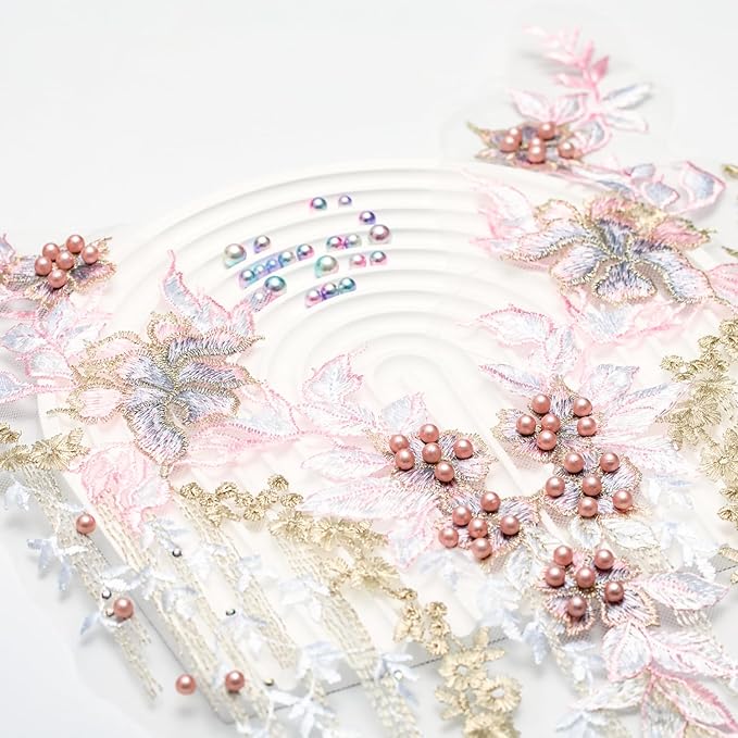 Beaded Pearl Flower Fabric Lace Applique, Floral Embroidered Patches Handmade Sewing Tool for DIY Neckline Bodice Wedding Bridal Prom Dress(Pink-Large)