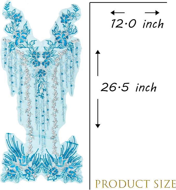 Beaded Pearl Flower Fabric Lace Applique, Floral Embroidered Patches Handmade Sewing Tool for DIY Neckline Bodice Wedding Bridal Prom Dress(Sky Blue-Large)