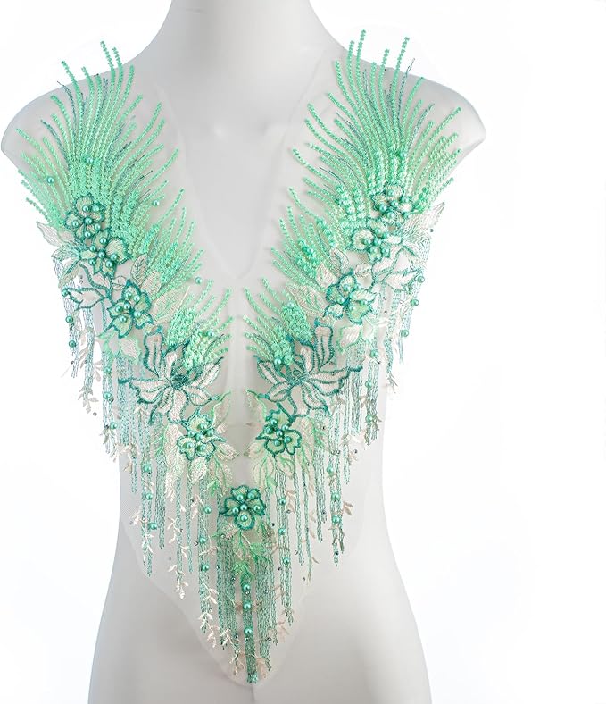 Beaded Pearl Flower Fabric Lace Applique, Floral Embroidered Patches Handmade Sewing Tool for DIY Neckline Bodice Wedding Bridal Prom Dress(Green-Small)