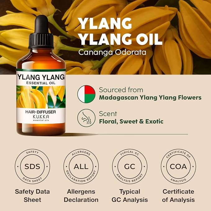 KUKKA Ylang-Ylang Essential Oils - 4 Fl Oz - for Hair, Skin, Diffuser, Aromatherapy & DIY Soap Making Scent