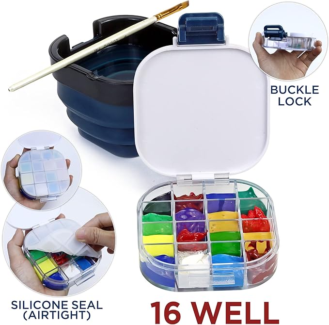 DUGATO Airtight Watercolor Palette Box (16-Well) with Lid & Collapsible Brush Basin - Portable Paint Saver for Acrylic, Gouache, Oil - Travel Art Supplies (Blue)