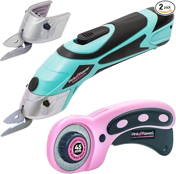 Pink Power Electric Fabric Scissors for Crafts, Sewing, Cardboard, Carpet & Scrapbooking - Heavy Duty Cutting Tool, Automatic Cordless Electric Scissors Fabric Cutter & Rotary Cutter Set (Aqua Splash)
